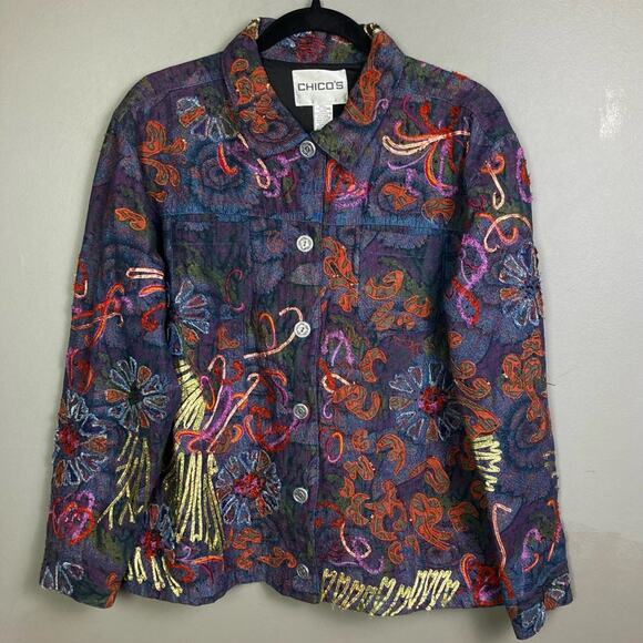 Chico's jacket size 2 Large denim arttowear arts crafts embroidery floral hearts
